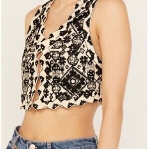 Free People Black and Cream Patterned Crop Top